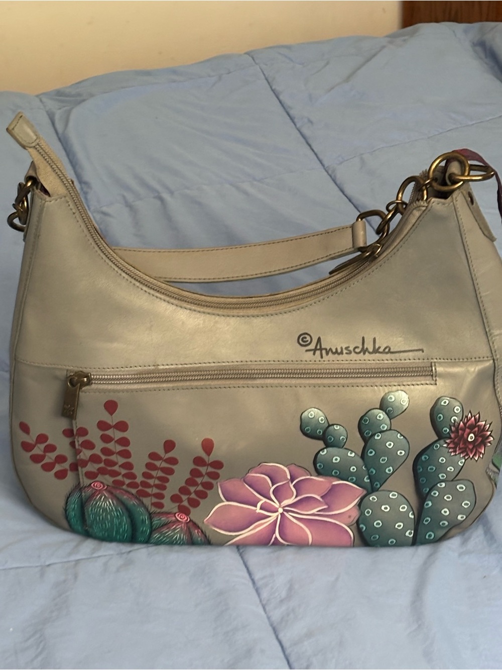 Anuschka Hand-Painted Shoulder genuine leather Bag in with Floral & Cactus Motif